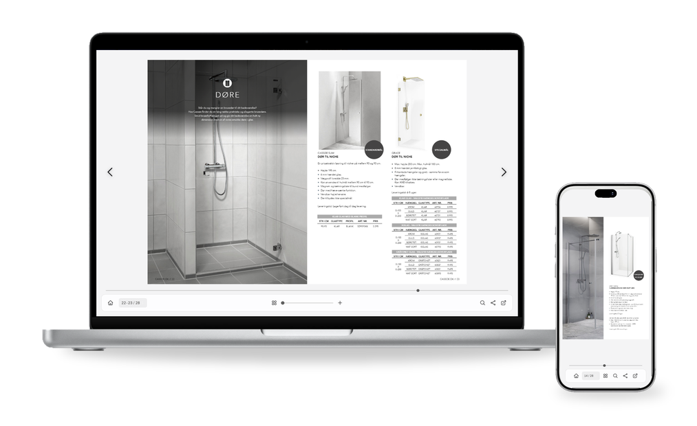 Digitalt katalog vist på laptop og telefon
